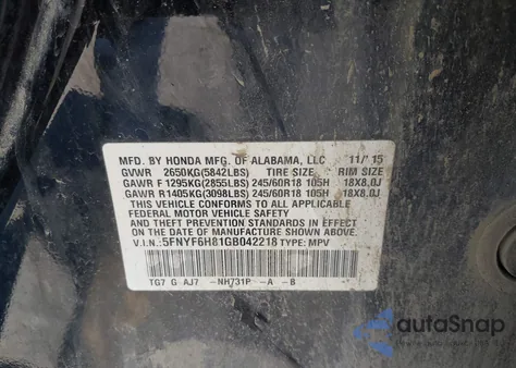 2016 Honda Pilot Ex-L from USA, damaged, VIN 5FNYF6H81GB042218